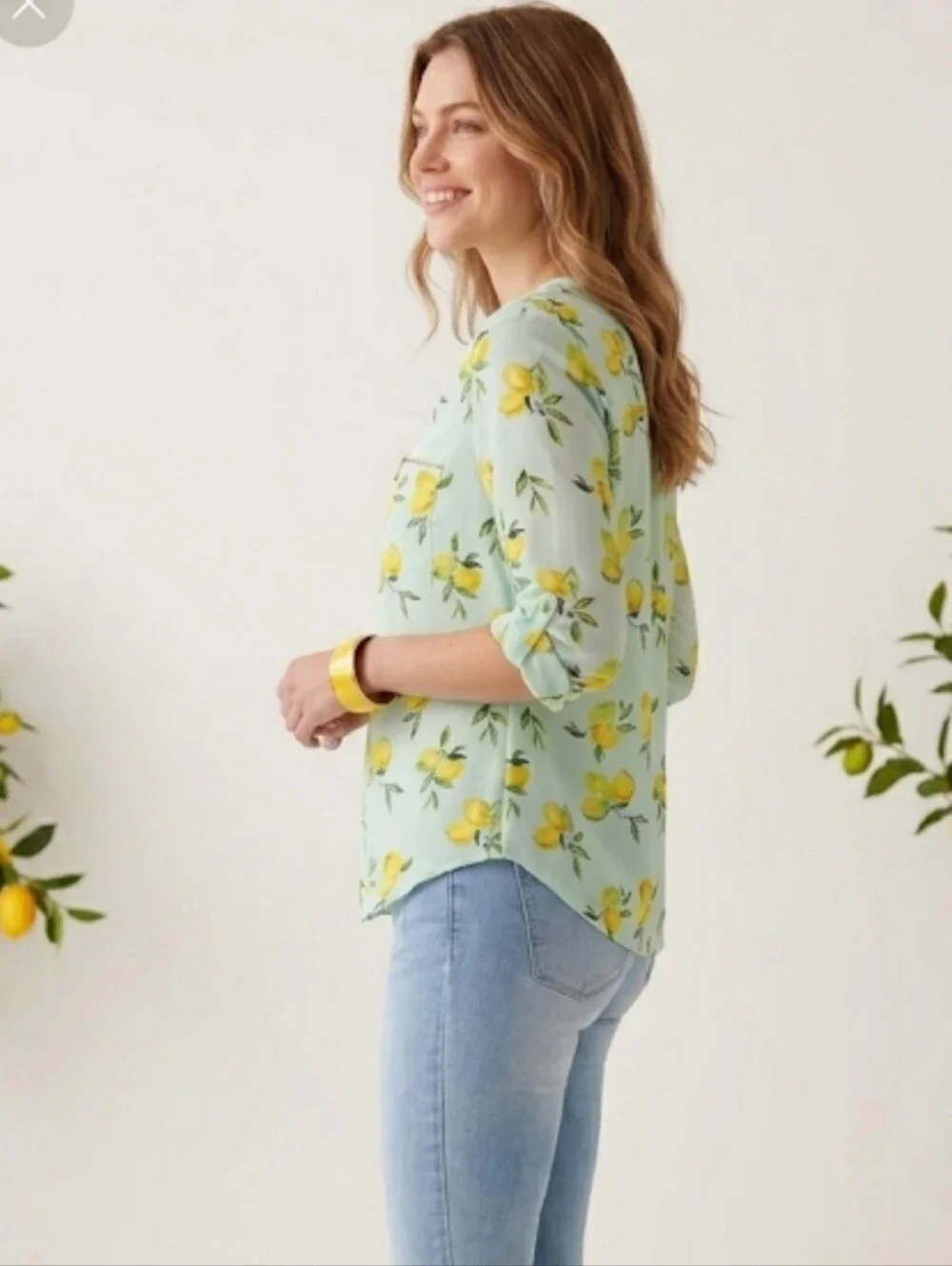 Wishful Park Mint Green Lemon-Print Henley Neckline Blouse